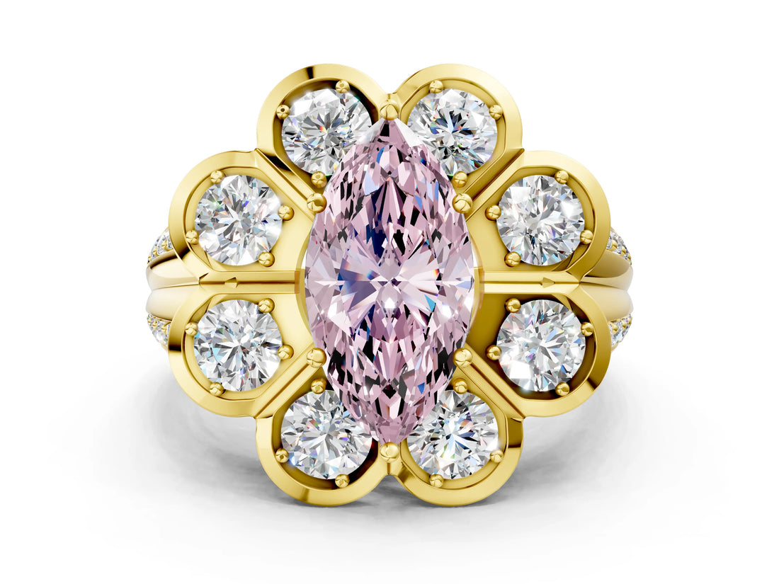 Yellow gold Fancy Pink Marquise  Brilliant Flower Halo Diamond Split Shank Ring_69