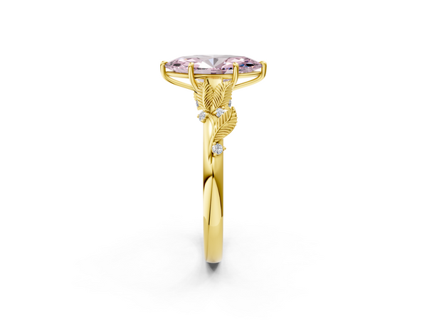 Yellow gold Fancy Pink Marquise Cut Diamond Solitaire Ring with Leaf Motif Band and Four-Prong Setting