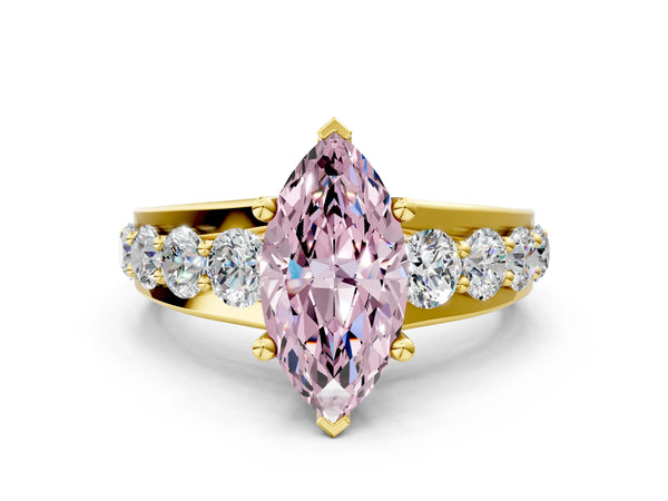 Yellow gold Fancy Pink Marquise  Brilliant Solitaire with Side Stones on a Pave Band and Four-Prong Setting