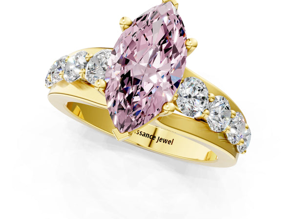 Yellow gold Fancy Pink Marquise  Brilliant Solitaire with Side Stones on a Pave Band and Four-Prong Setting