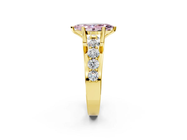 Yellow gold Fancy Pink Marquise  Brilliant Solitaire with Side Stones on a Pave Band and Four-Prong Setting