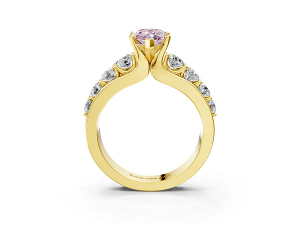 Yellow gold Fancy Pink Marquise  Brilliant Solitaire with Side Stones on a Pave Band and Four-Prong Setting