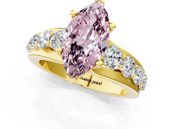Yellow gold Fancy Pink Marquise  Brilliant Solitaire with Side Stones on a Pave Band and Four-Prong Setting