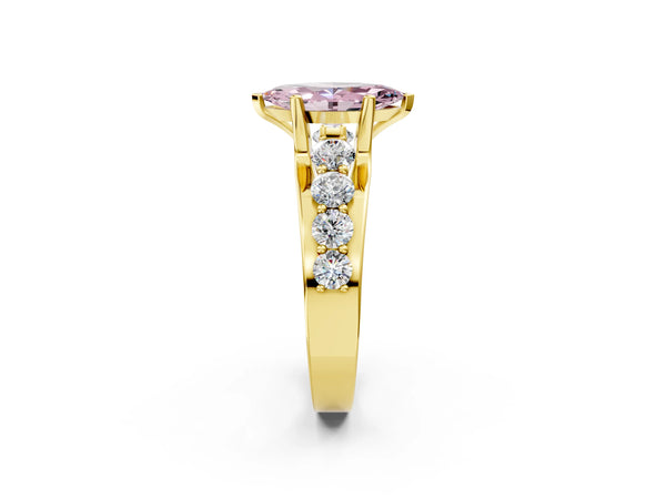 Yellow gold Fancy Pink Marquise  Brilliant Solitaire with Side Stones on a Pave Band and Four-Prong Setting