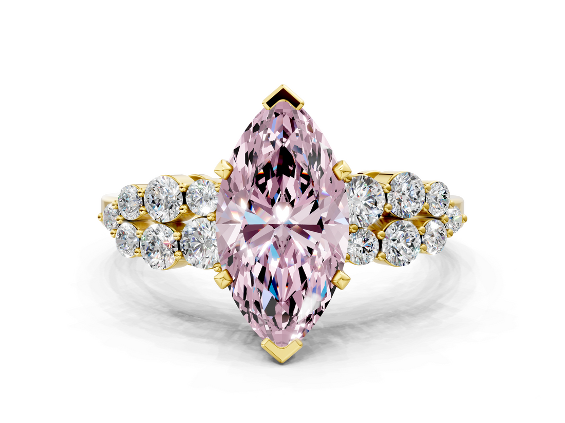 Yellow gold Fancy Pink Marquise  Cluster Diamond Engagement Ring with Pavé Band and Four-Prong Setting_32
