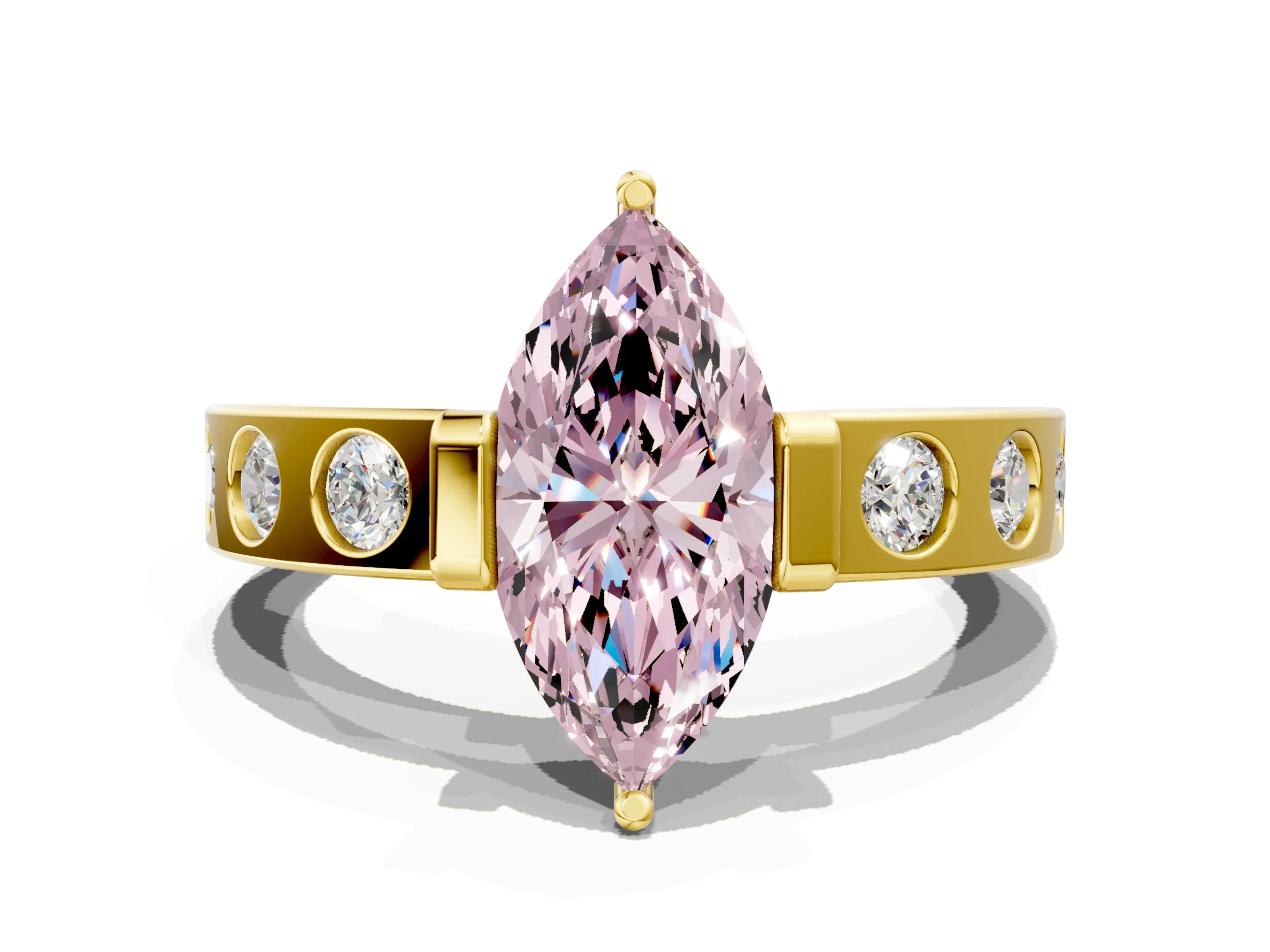 Yellow gold Fancy Pink Marquise Cut Brilliant Channel-Set Diamond Ring with Bezel Prong Setting