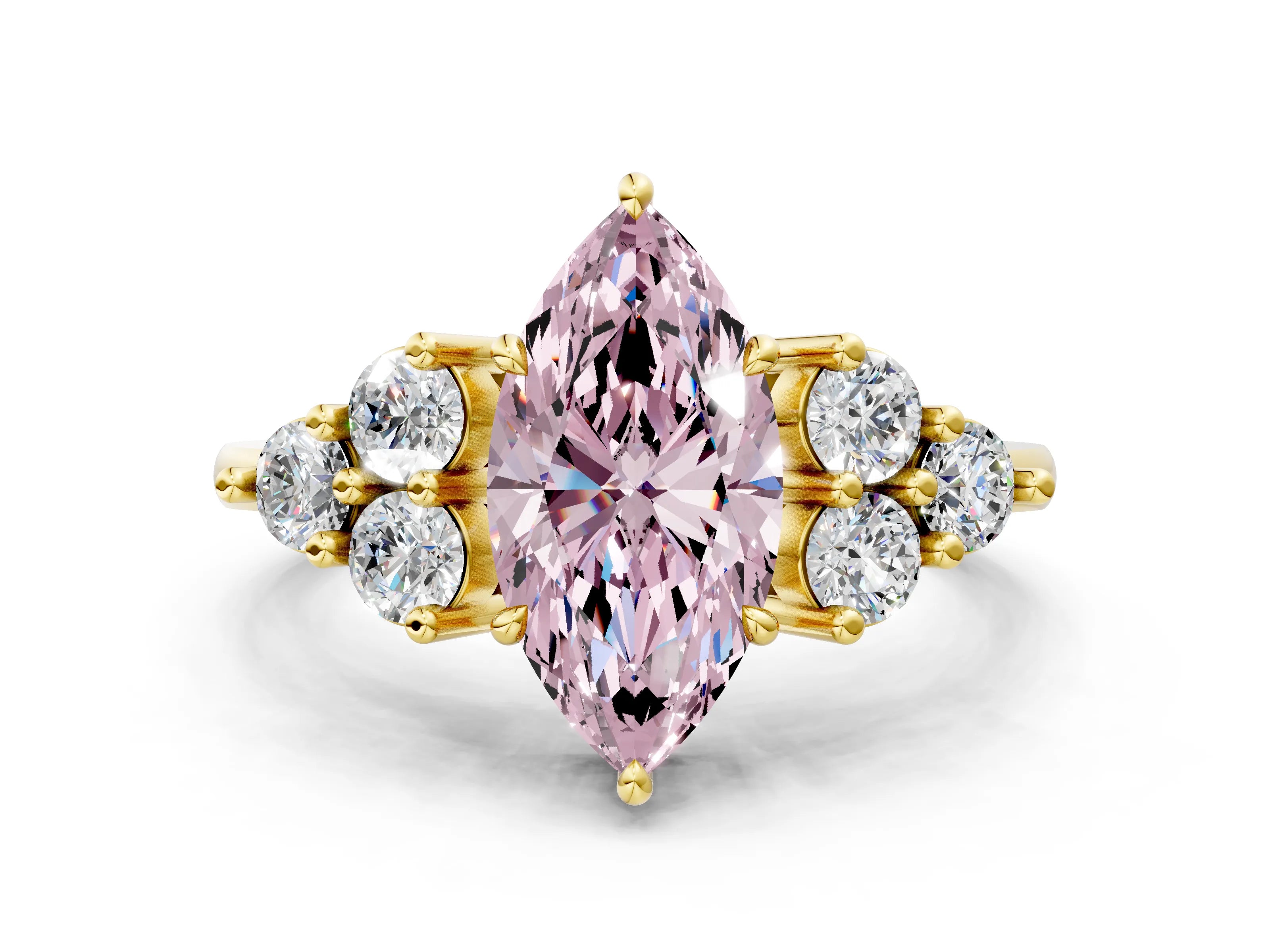 Yellow gold Fancy Pink Marquise Cut Brilliant Diamond Cluster Accent Solitaire Ring with Prong Setting