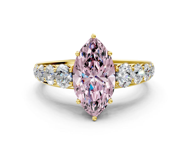 Yellow gold Fancy Pink Marquise Cut Brilliant Diamond Pavé Band with Six-Prong Setting