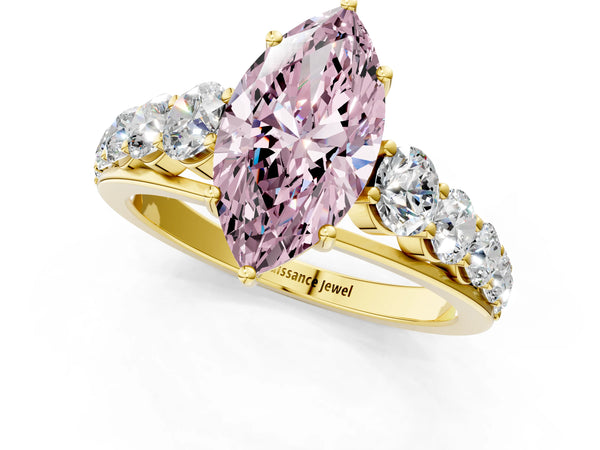 Yellow gold Fancy Pink Marquise Cut Brilliant Diamond Pavé Band with Six-Prong Setting