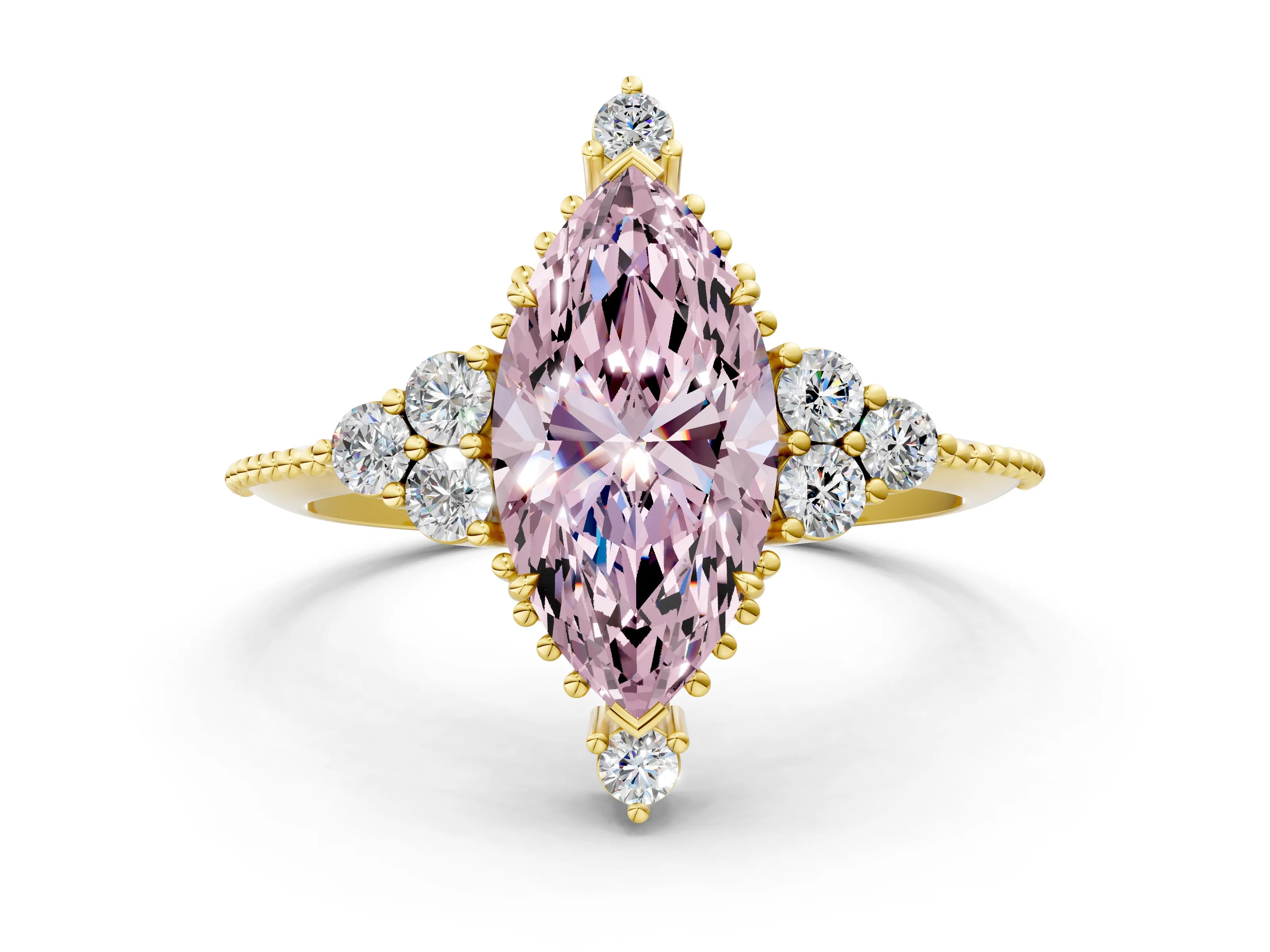 Yellow gold Fancy Pink Marquise Cut Brilliant Diamond with Cluster Setting on a Beaded Band and Four-Prong Setting