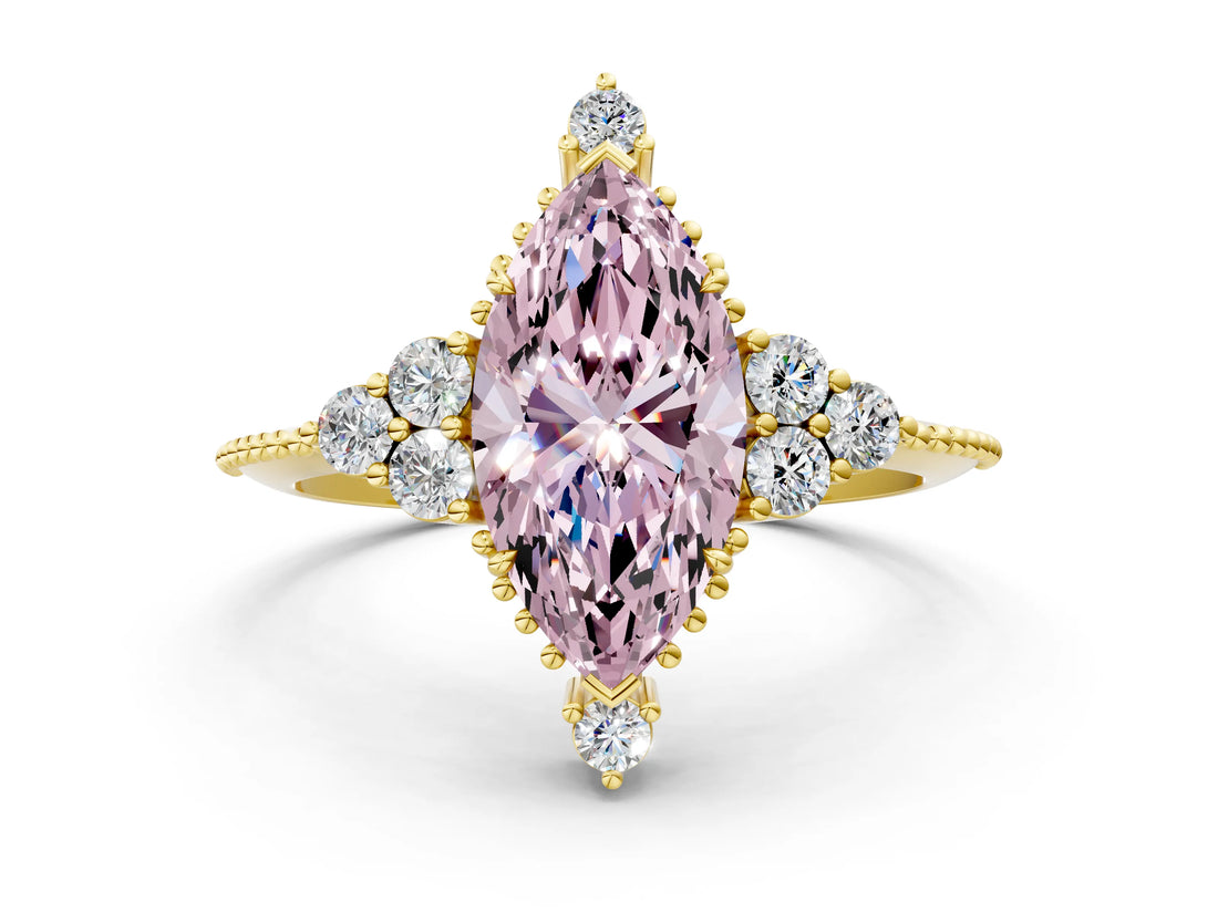 Yellow gold Fancy Pink Marquise Cut Brilliant Diamond with Cluster Setting on a Beaded Band and Four-Prong Setting