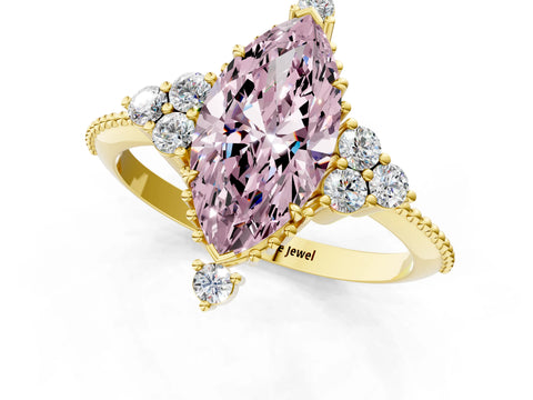 Yellow gold Fancy Pink Marquise Cut Brilliant Diamond with Cluster Setting on a Beaded Band and Four-Prong Setting_1