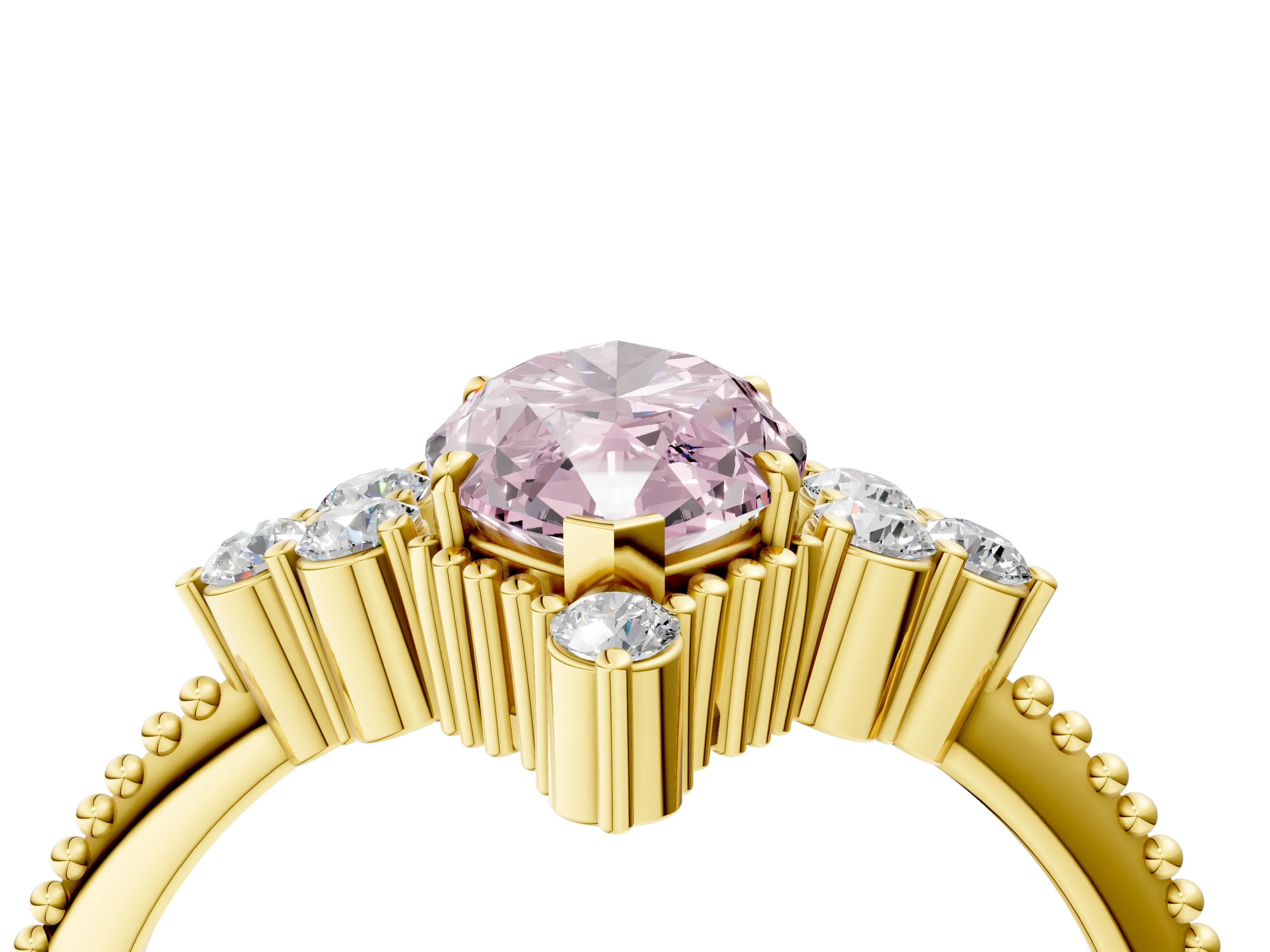 Yellow gold Fancy Pink Marquise Cut Brilliant Diamond with Cluster Setting on a Beaded Band and Four-Prong Setting_4