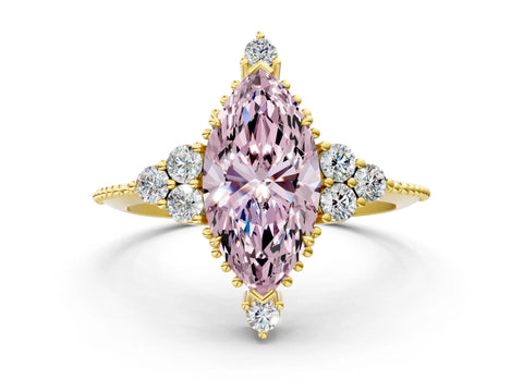Yellow gold Fancy Pink Marquise Cut Brilliant Diamond with Cluster Setting on a Beaded Band and Four-Prong Setting