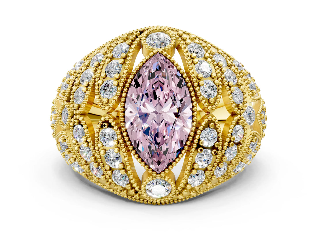 Yellow gold Fancy Pink Marquise Cut Brilliant Halo Pave Diamond Milgrain Ring