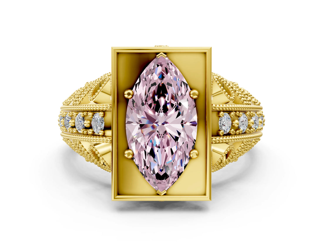 Yellow gold Fancy Pink Marquise Cut Brilliant Milgrain Filigree Diamond Ring with Square Prong Setting_18