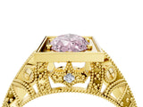 Yellow gold Fancy Pink Marquise Cut Brilliant Milgrain Filigree Diamond Ring with Square Prong Setting_22