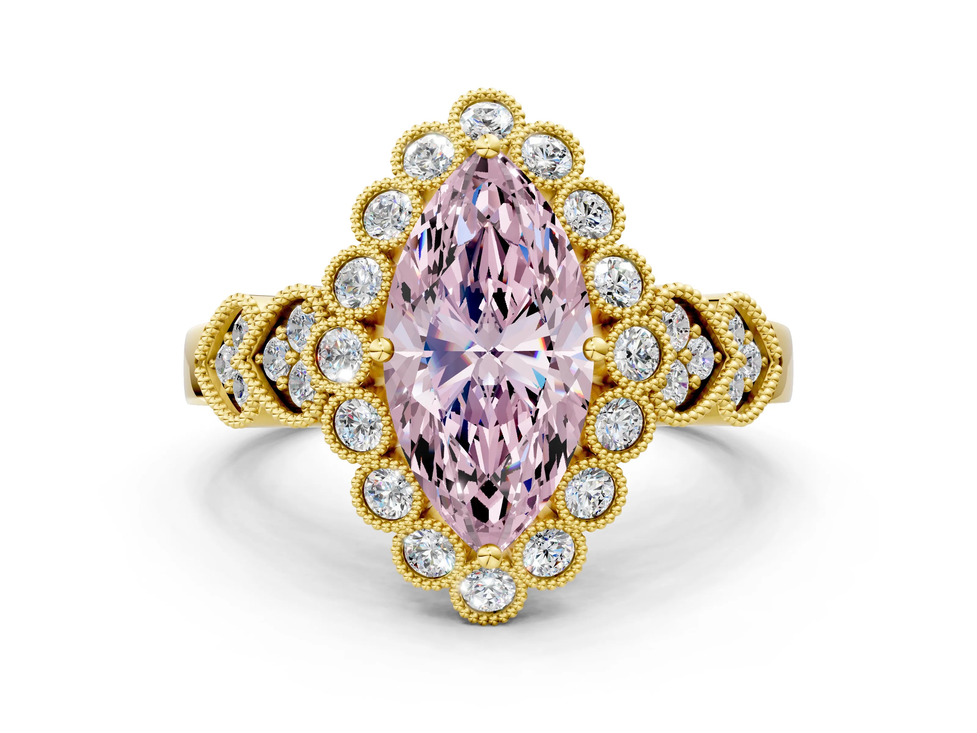 Yellow gold Fancy Pink Marquise Cut Brilliant Milgrain Pave Heart Band Solitaire Ring