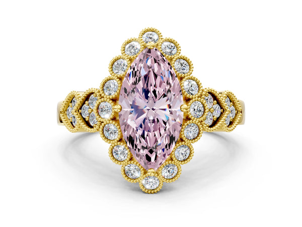 Yellow gold Fancy Pink Marquise Cut Brilliant Milgrain Pave Heart Band Solitaire Ring