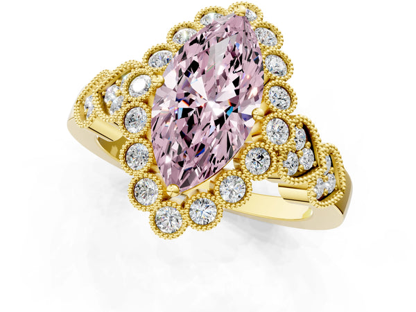 Yellow gold Fancy Pink Marquise Cut Brilliant Milgrain Pave Heart Band Solitaire Ring