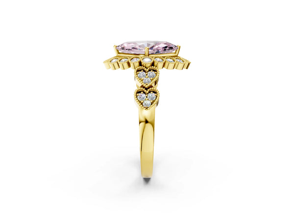 Yellow gold Fancy Pink Marquise Cut Brilliant Milgrain Pave Heart Band Solitaire Ring