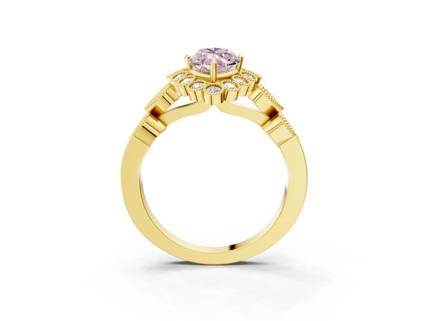 Yellow gold Fancy Pink Marquise Cut Brilliant Milgrain Pave Heart Band Solitaire Ring