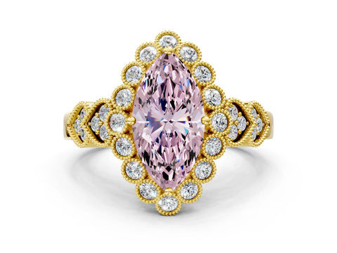 Yellow gold Fancy Pink Marquise Cut Brilliant Milgrain Pave Heart Band Solitaire Ring