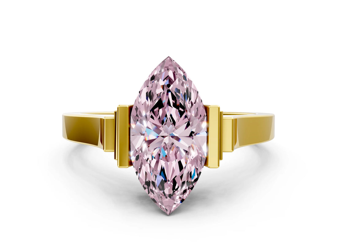 Yellow gold Fancy Pink Marquise Cut Brilliant Solitaire Diamond Ring with Channel Set Band and Bar Prong Setting_12