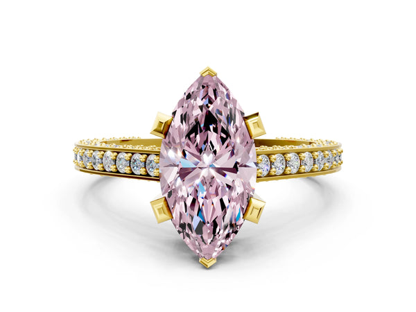 Yellow gold Fancy Pink Marquise Cut Brilliant Split Shank Pave Solitaire Ring with Four-Prong Setting