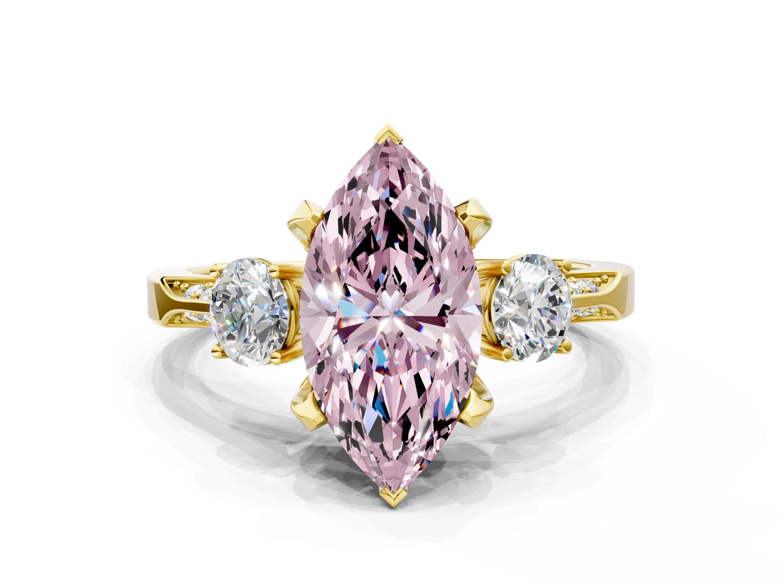 Yellow gold Fancy Pink Marquise Cut Brilliant Three-Stone Diamond Ring with Pavé Band and Four-Prong Setting_4