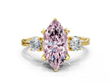 Yellow gold Fancy Pink Marquise Cut Brilliant Three-Stone Diamond Ring with Pavé Band and Four-Prong Setting_4
