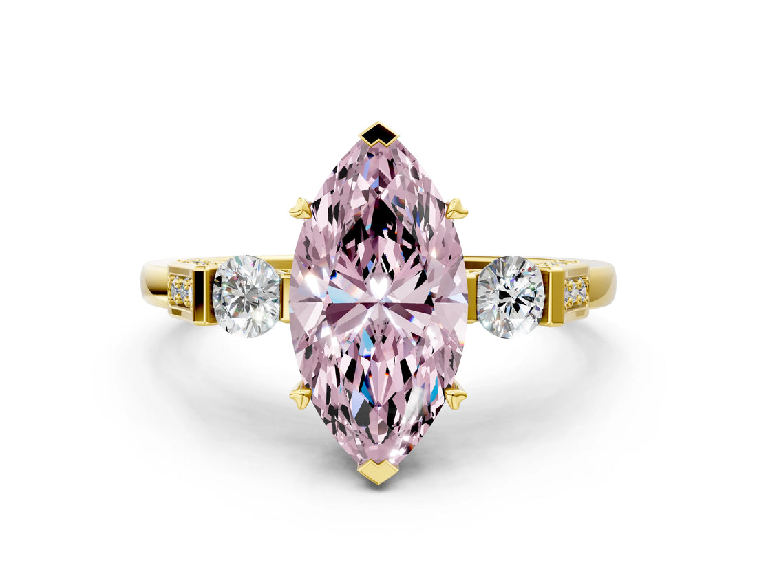 Yellow gold Fancy Pink Marquise Cut Brilliant Three-Stone Pave Band with Four-Prong Setting