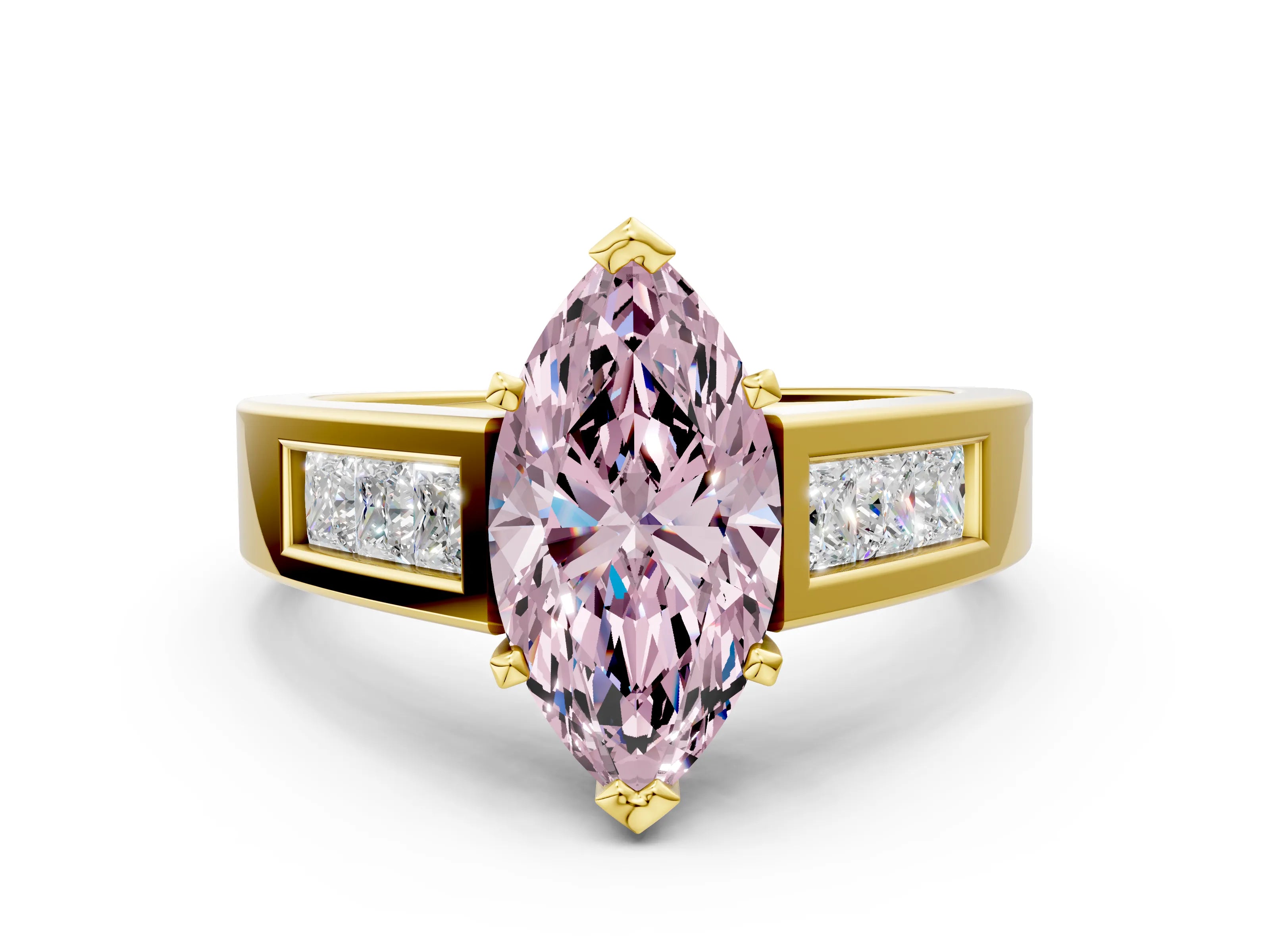 Yellow gold Fancy Pink Marquise Cut Cut Channel Set Solitaire Ring with Four-Prong Setting