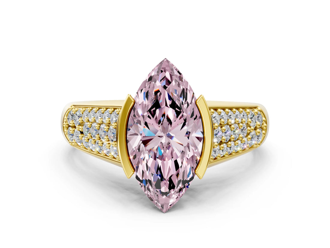 Yellow gold Fancy Pink Marquise Cut Cut Diamond Channel Set Pave Band with Tension Prong Setting