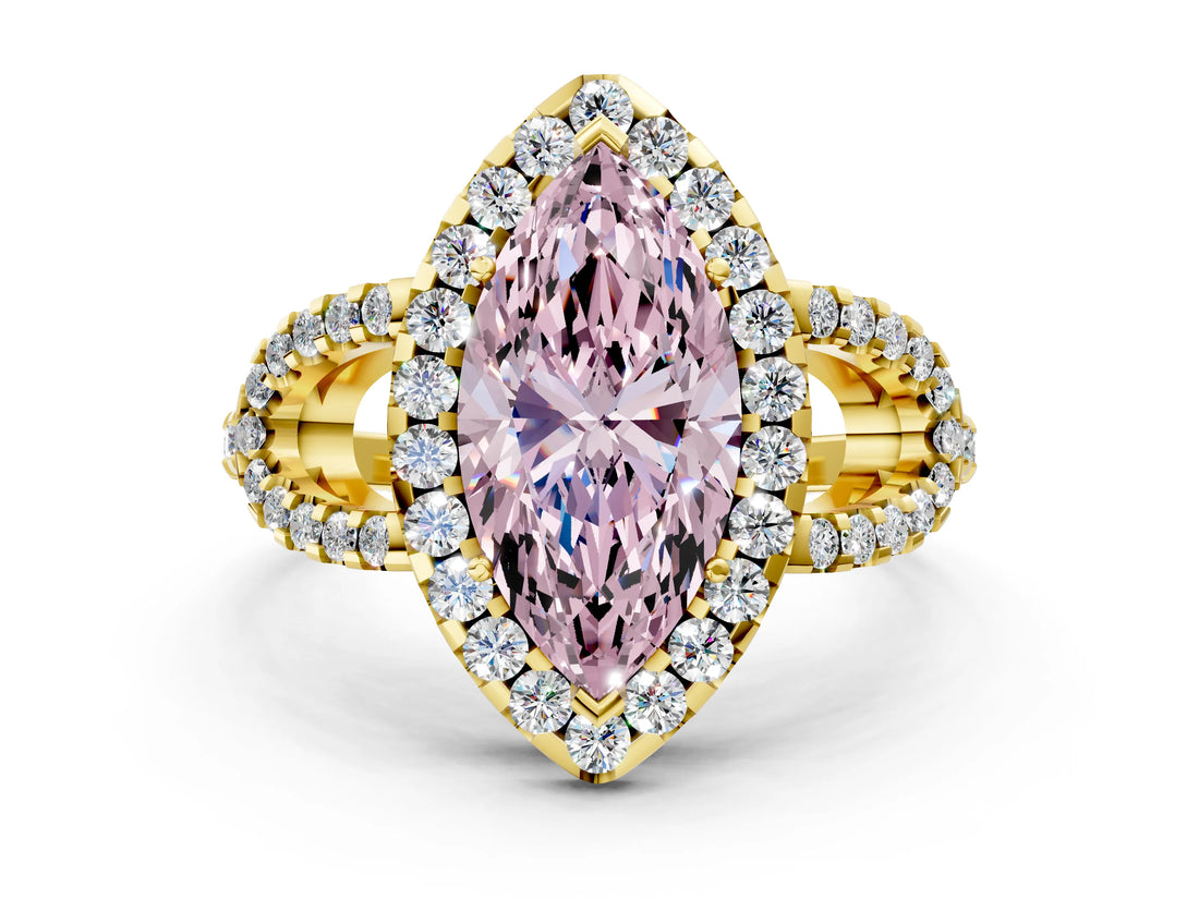 Yellow gold Fancy Pink Marquise Cut Cut Diamond Halo Engagement Ring with Open Split Pavé Band