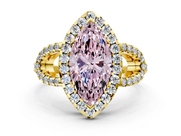Yellow Gold Marquise Split Shank Pave Halo Engagement Ring Setting for Fancy Pink Center