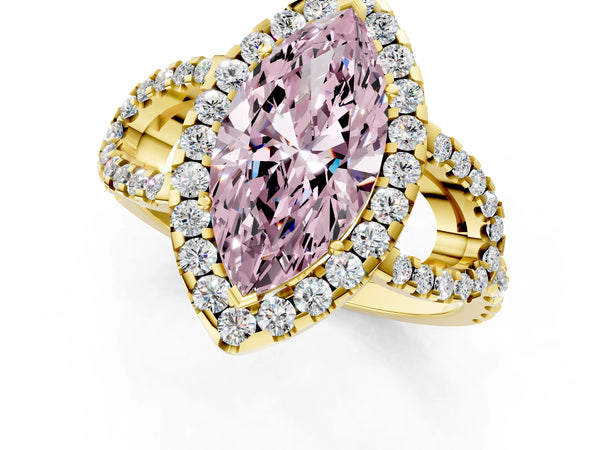 Yellow Gold Marquise Split Shank Pave Halo Engagement Ring Setting for Fancy Pink Center