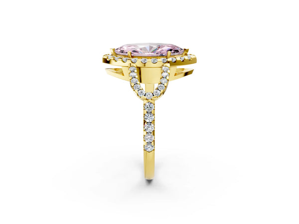Yellow Gold Marquise Split Shank Pave Halo Engagement Ring Setting for Fancy Pink Center
