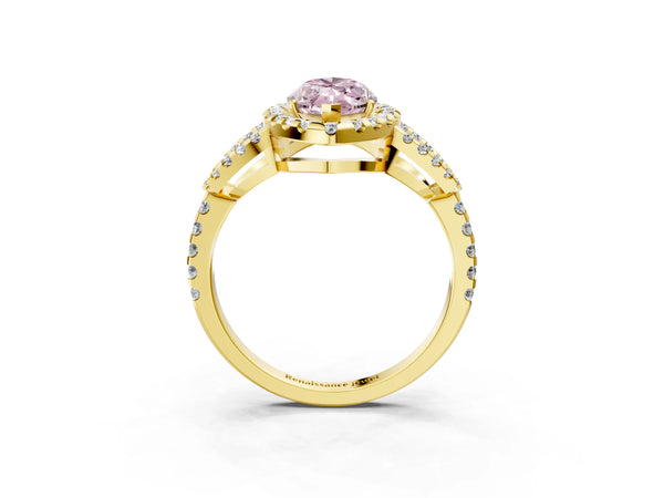 Yellow Gold Marquise Split Shank Pave Halo Engagement Ring Setting for Fancy Pink Center