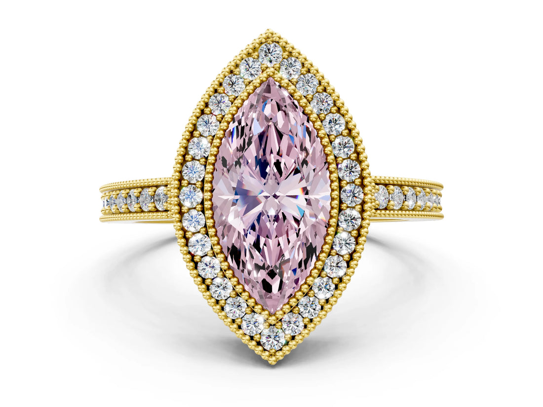 Yellow gold Fancy Pink Marquise Cut-Cut Diamond Halo Engagement Ring with Pave Band and Prong Setting