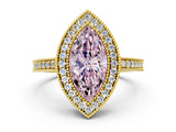 Yellow gold Fancy Pink Marquise Cut-Cut Diamond Halo Engagement Ring with Pave Band and Prong Setting