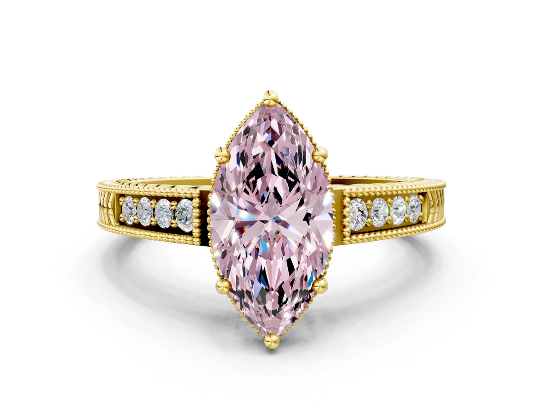 Yellow gold Fancy Pink Marquise Cut Cut Diamond Milgrain Pave Band Four-Prong Setting Ring_3