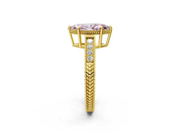 Yellow gold Fancy Pink Marquise Cut Cut Diamond Milgrain Pave Band Four-Prong Setting Ring
