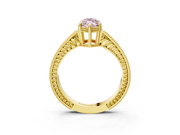 Yellow gold Fancy Pink Marquise Cut Cut Diamond Milgrain Pave Band Four-Prong Setting Ring