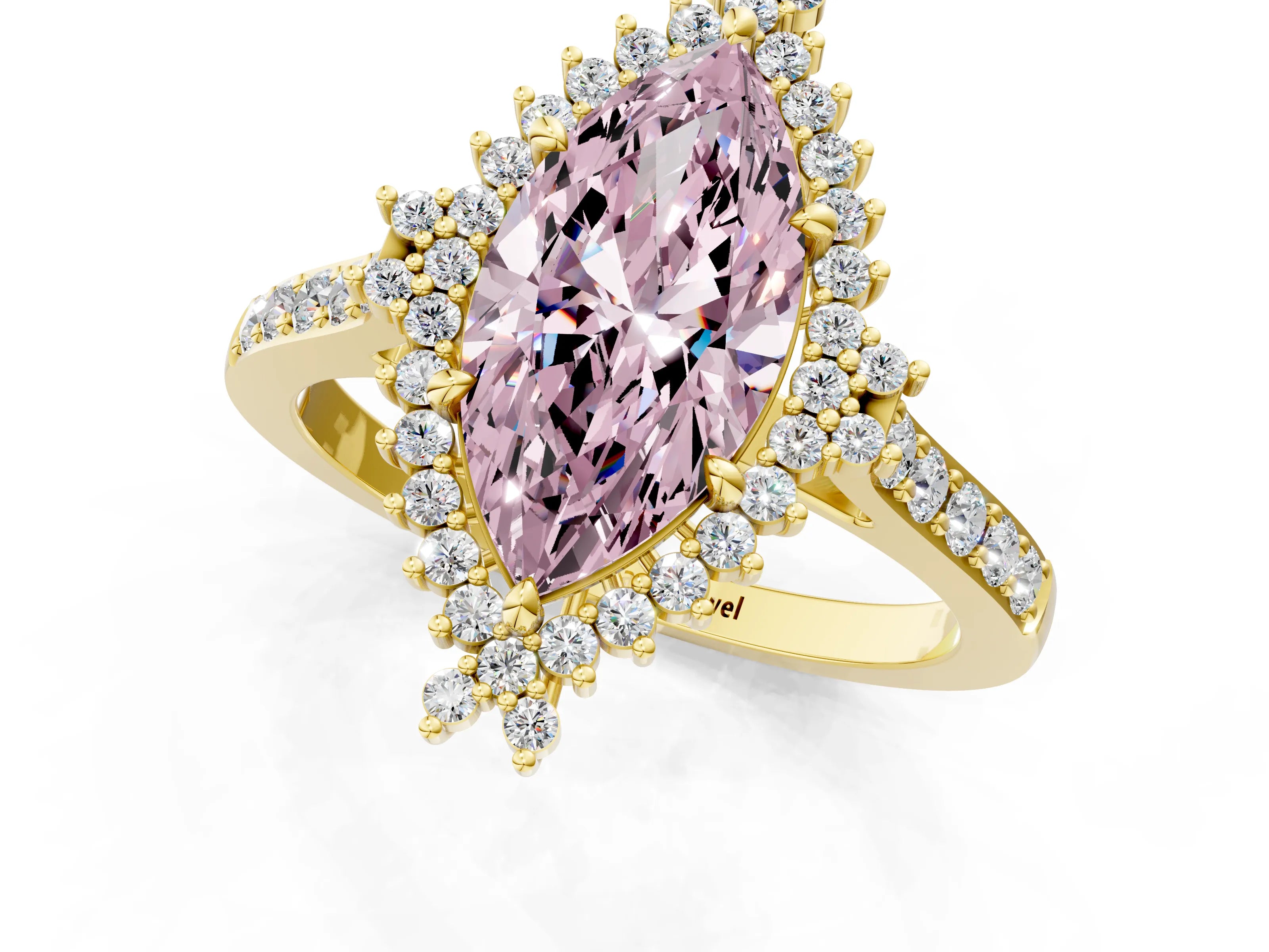Yellow gold Fancy Pink Marquise Cut Cut Diamond Sunburst Halo Engagement Ring with Pavé Band_1