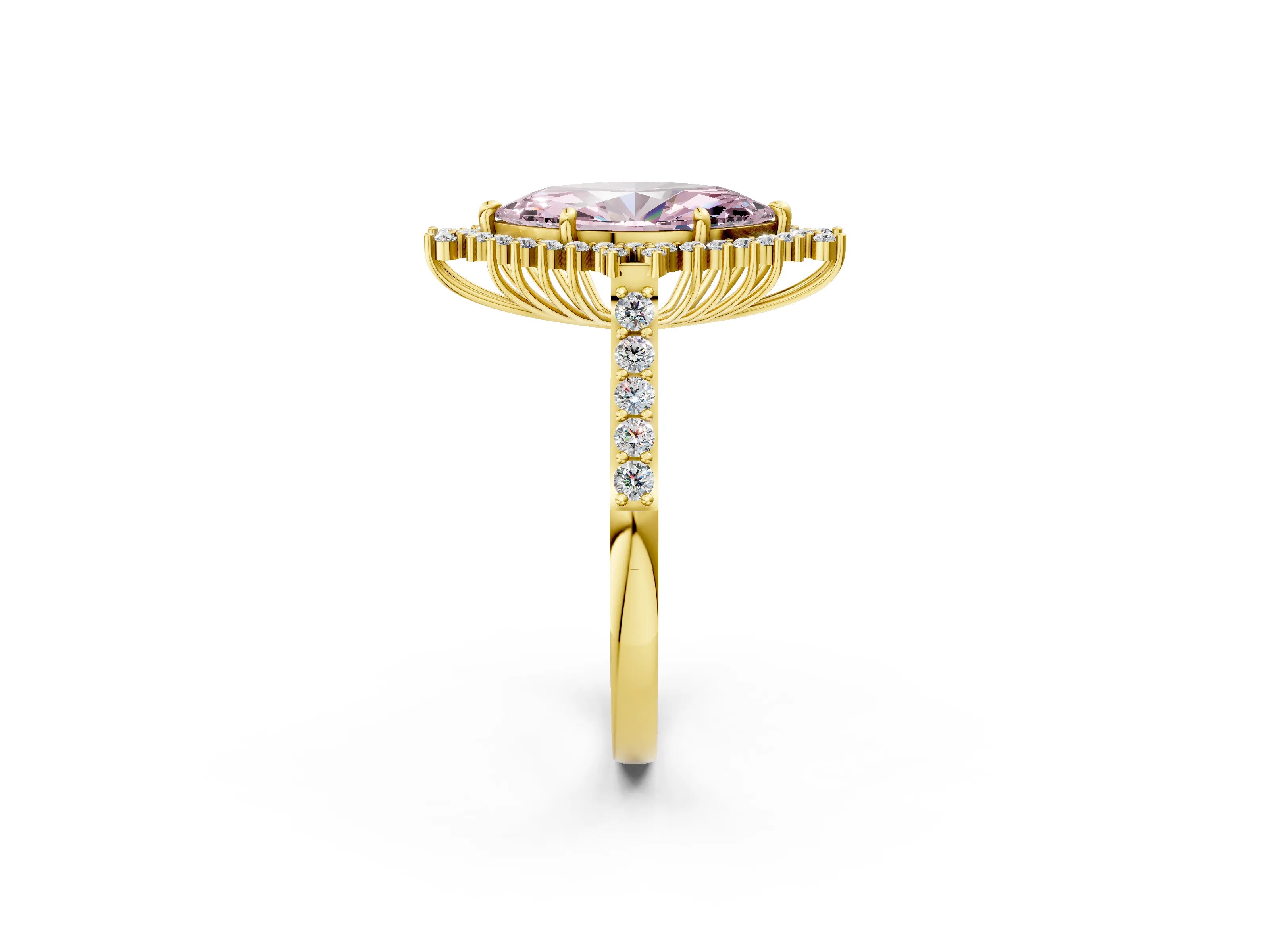 Yellow gold Fancy Pink Marquise Cut Cut Diamond Sunburst Halo Engagement Ring with Pavé Band_2