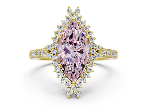 Yellow gold Fancy Pink Marquise Cut Cut Diamond Sunburst Halo Engagement Ring with Pavé Band