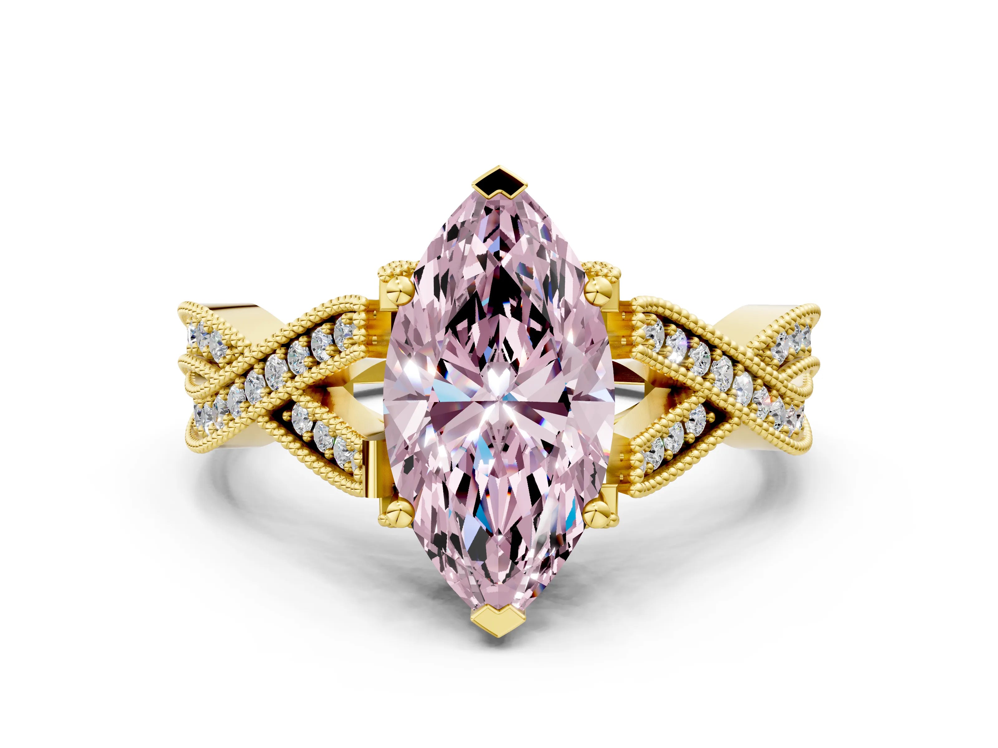 Yellow gold Fancy Pink Marquise Cut Cut Diamond Twisted Band with Milgrain Pave Setting and Four-Prong Setting