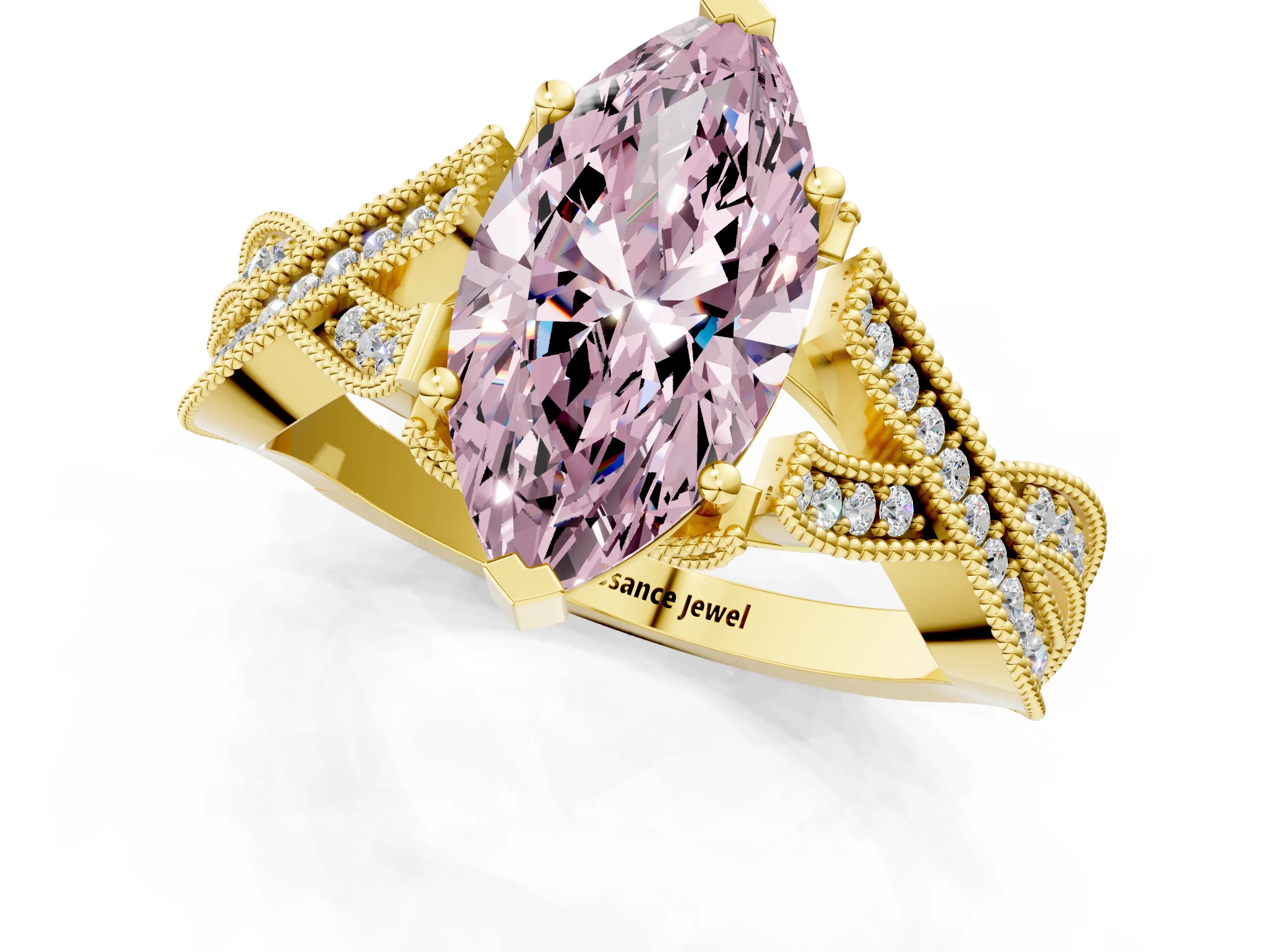 Yellow gold Fancy Pink Marquise Cut Cut Diamond Twisted Band with Milgrain Pave Setting and Four-Prong Setting_1