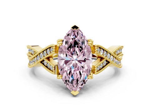 Yellow gold Fancy Pink Marquise Cut Cut Diamond Twisted Band with Milgrain Pave Setting and Four-Prong Setting